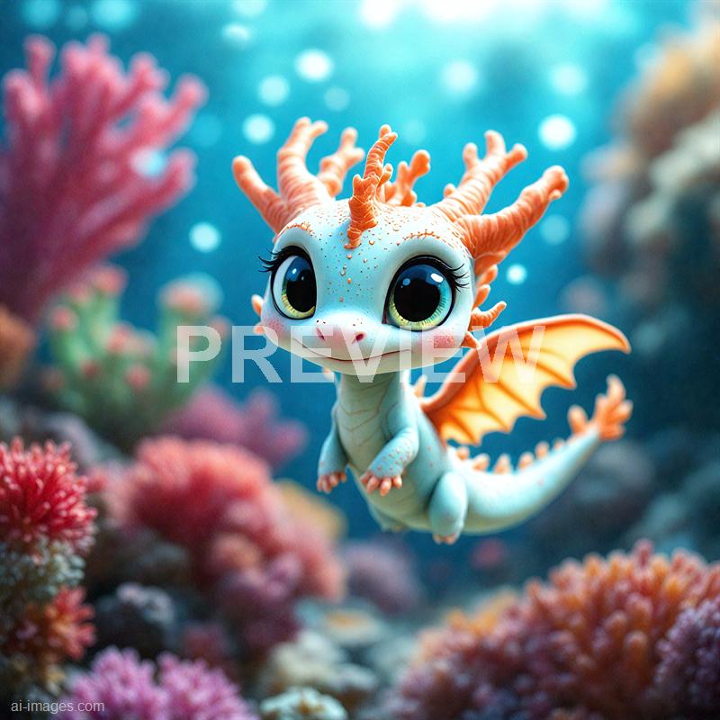 A cute, animated dragon with large, expressive eyes, a small smiling mouth, and tiny nostrils is depicted swimming in a vibrant coral reef. Its body is light blue with orange accents on its wings, fins, and crest, and it has a gentle, friendly appearance. The background features colorful coral formations and bubbles, creating an underwater scene filled with lively marine life.